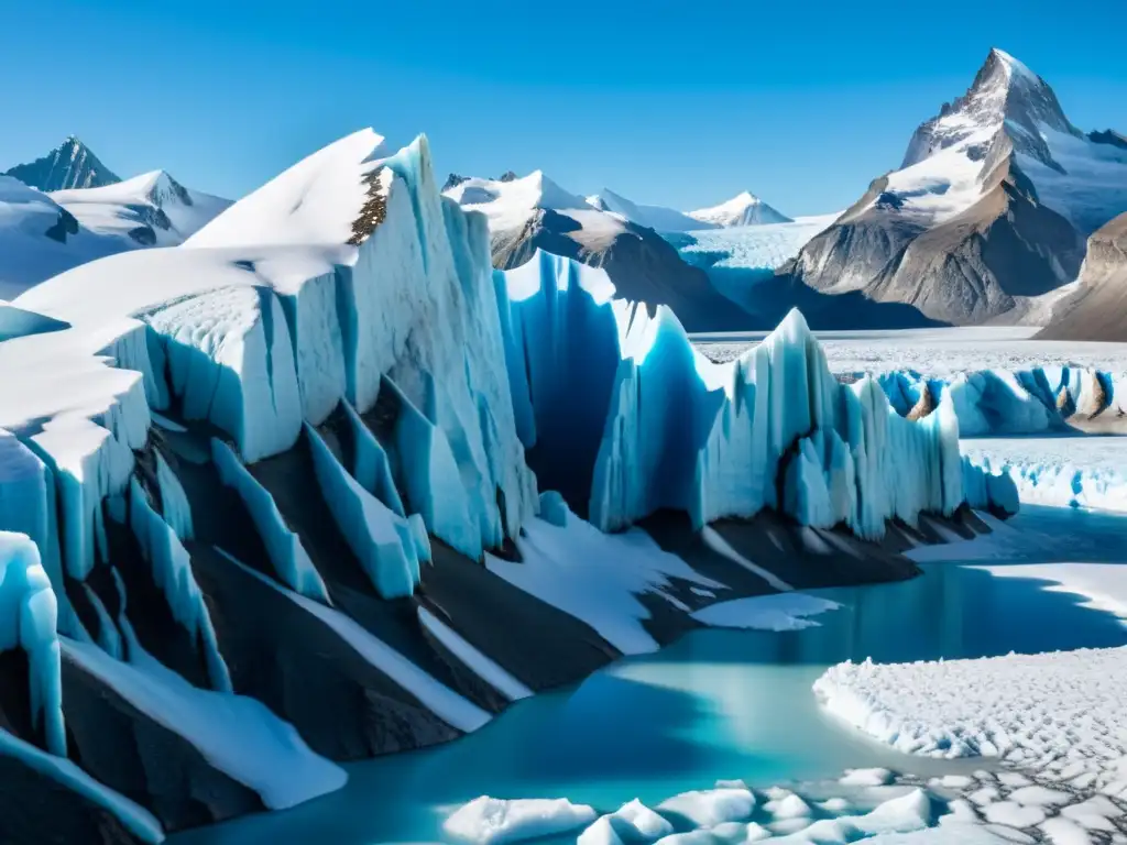 Glaciar imponente en 8k con formaciones de hielo azul y montañas nevadas, un paisaje impactante que refleja el desafío comunicativo cambio climático