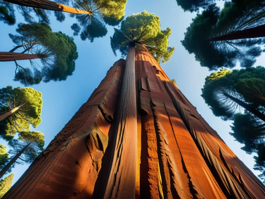 Imponente secuoya gigante en un bosque, con textura de corteza detallada y personas admirando