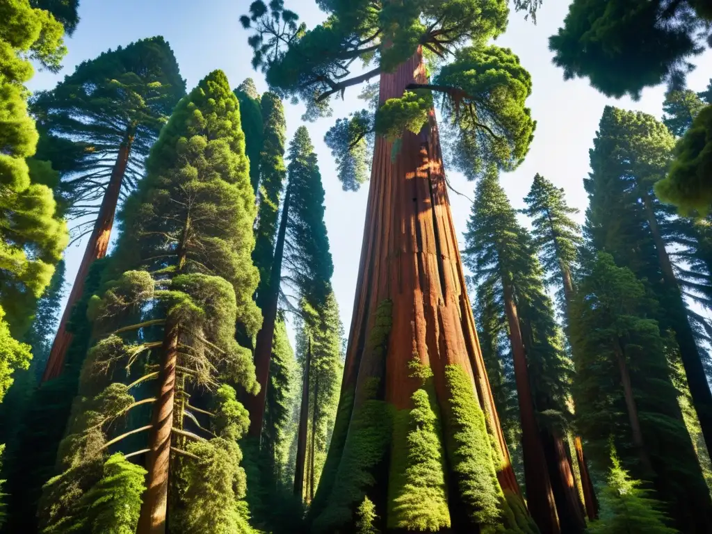 Imponente secuoya gigante con su corteza rojiza, musgo verde y un ecosistema de las secuoyas gigantes en plena armonía con la naturaleza