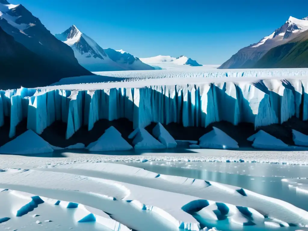 Imponente glaciar con efectos de fusión de hielos, crevasses detallados y hielo azul brillante