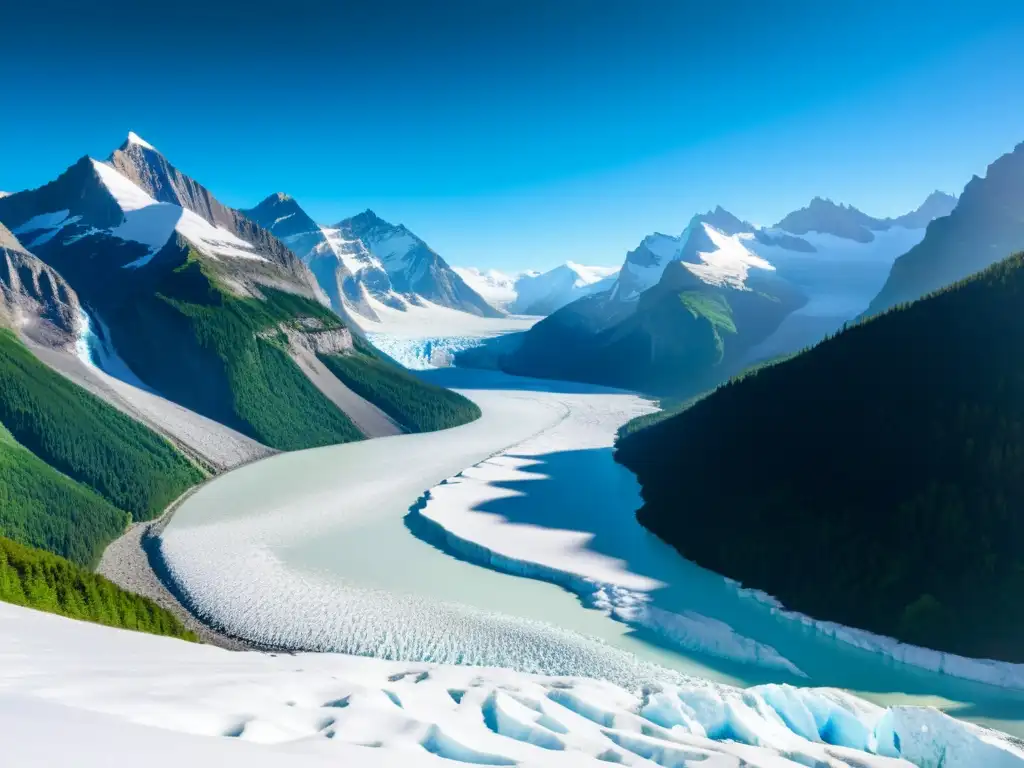 Imponente glaciar entre montañas, resaltando la importancia de los glaciares en ecosistemas de montaña