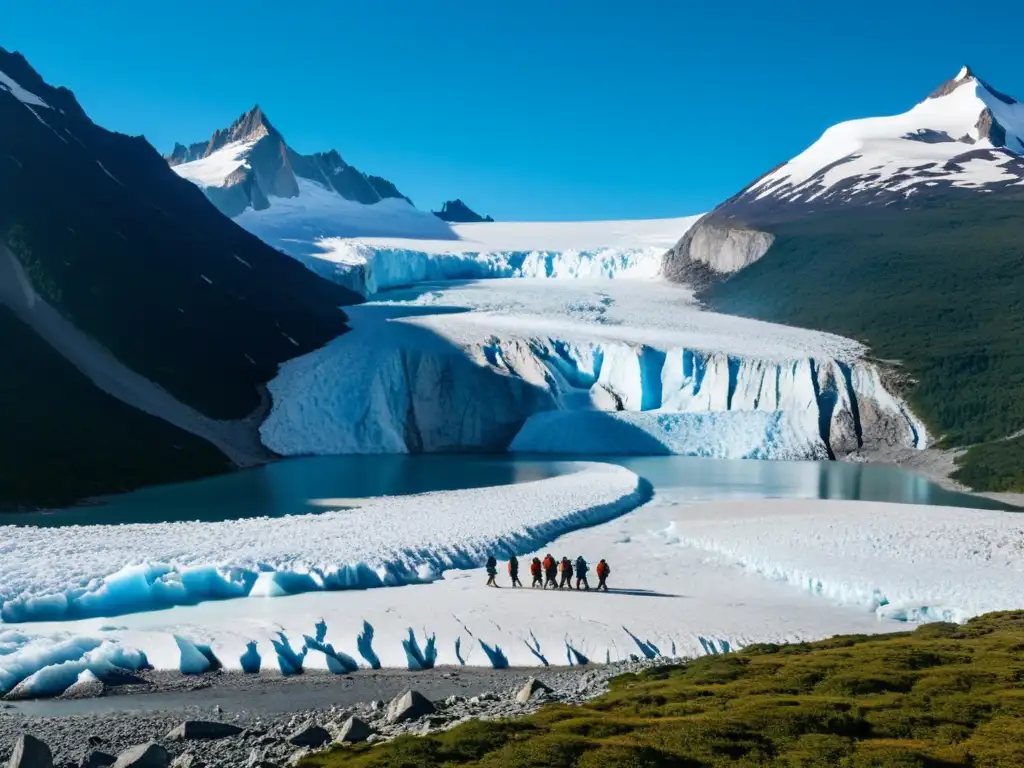 Imponente glaciar en Tierra del Fuego, Patagonia, con exploradores en primer plano