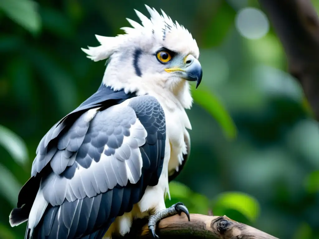 Imponente águila harpía en la selva, detallando su majestuosa belleza y la importancia de la conservación aves rapaces en peligro