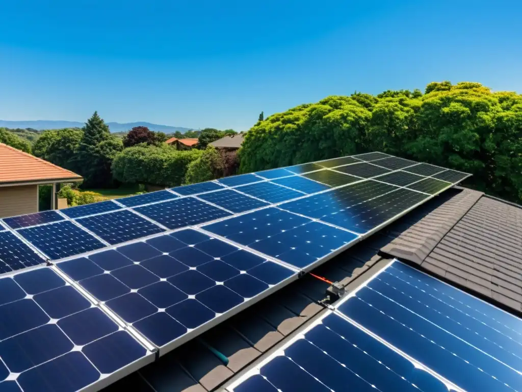 Instalación solar moderna en casa suburbana Imponente instalación de paneles solares en techo suburbano, destaca su impacto en el valor inmobiliario y el entorno sostenible