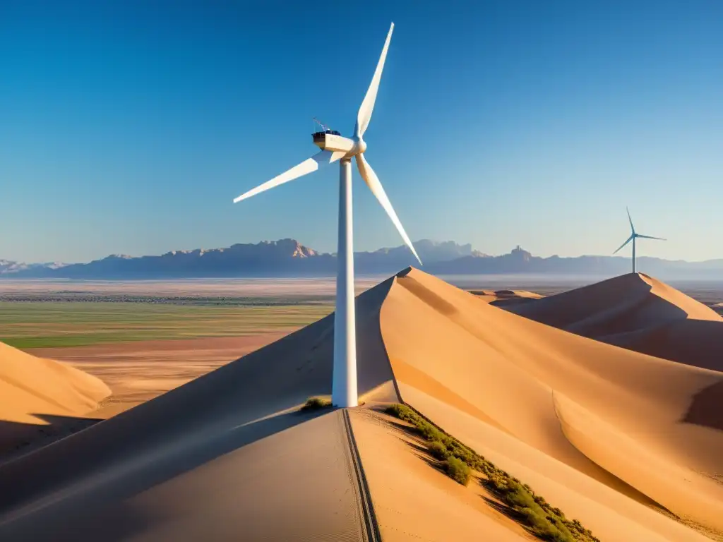 Energía renovable en el desierto: belleza y tecnología Imponente molino de viento en un desierto soleado, reflejando la fusión entre naturaleza y tecnología