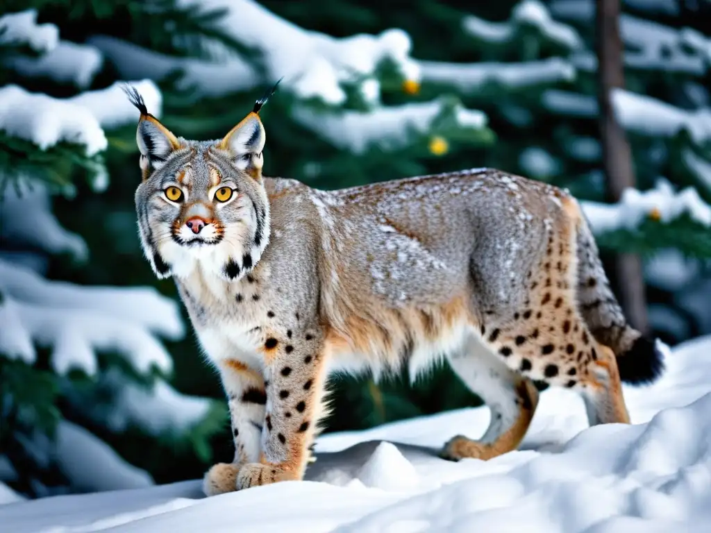 Imponente lince boreal en hábitat nevado, con ojos amarillos y pelaje camuflado entre los árboles