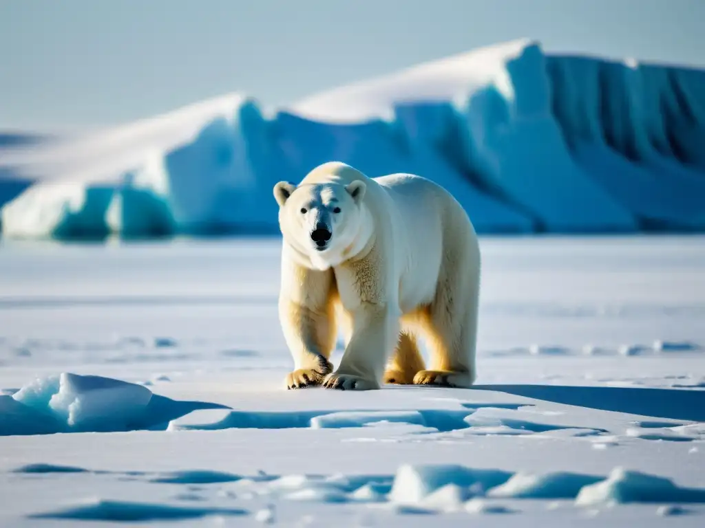 Imponente oso polar en el Ártico, su pelaje detallado brilla bajo el sol