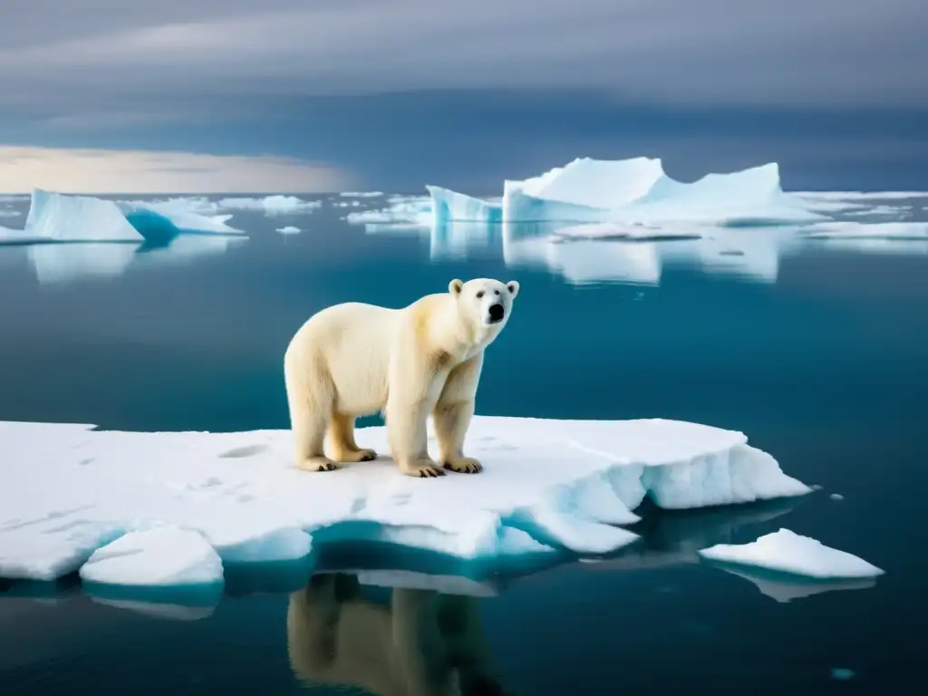 Imponente oso polar en una banquisa derretida, con el océano Ártico de fondo y icebergs distantes