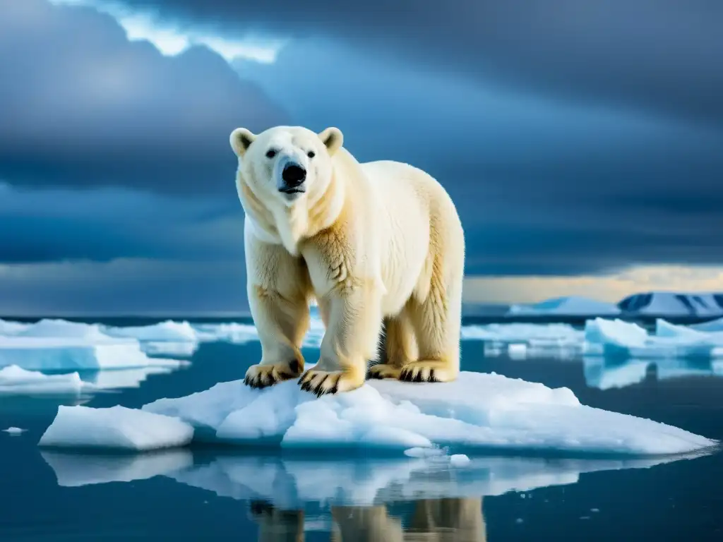 Imponente oso polar en un bloque de hielo derretido, rodeado de aguas heladas y un cielo dramático