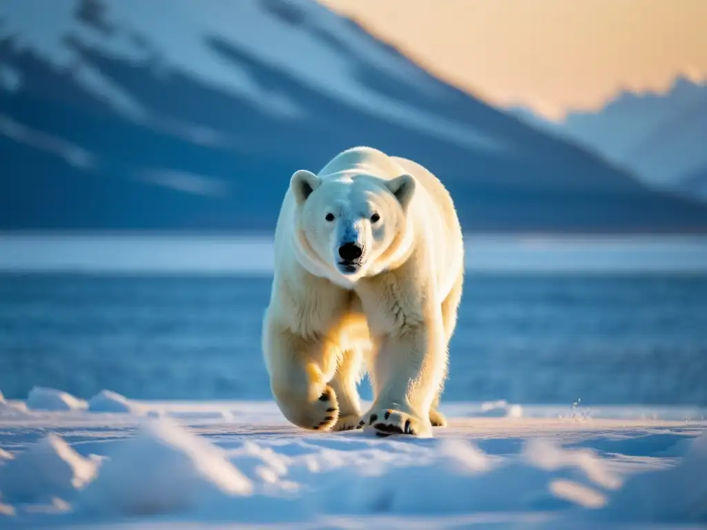 Imponente oso polar en el crepúsculo ártico, exhibiendo su comportamiento nocturno de la fauna polar