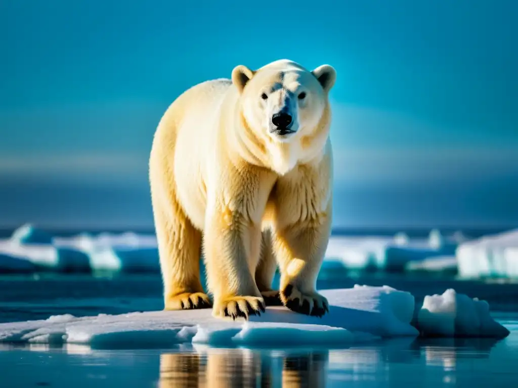 Imponente oso polar en deshielo ártico, reflejando la urgencia y vulnerabilidad de las especies endémicas impactadas