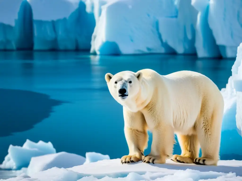 Imponente oso polar en hábitat glaciar, con mirada curiosa y autoritaria, evocando la conexión con el hielo eterno y otras especies