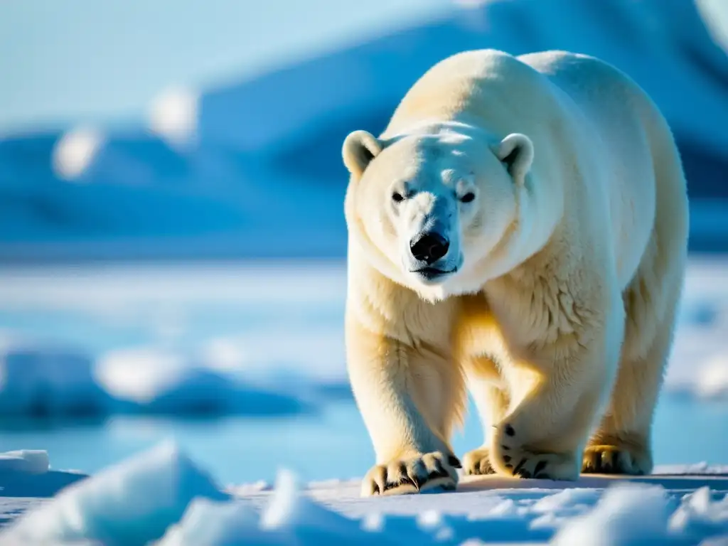 Imponente oso polar en el hielo, destacando la belleza y fragilidad del ecosistema polar