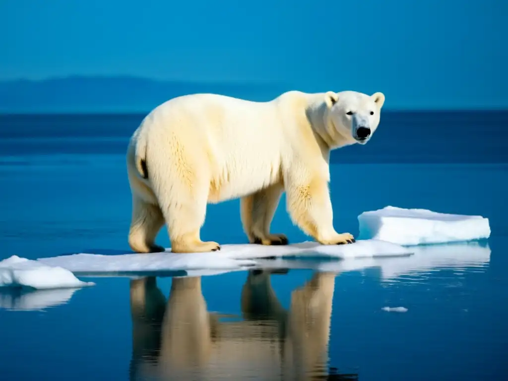 Imponente oso polar en hielo derretido, reflejando la fragilidad del hábitat ártico