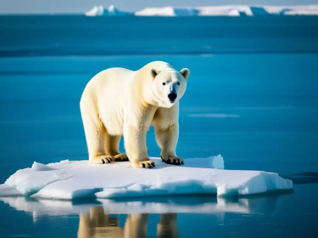 Imponente oso polar en iceberg derretido, reflejando fragilidad del cambio climático