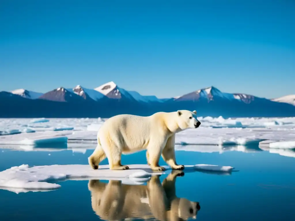 Imponente oso polar en peligro sobre hielo derretido, reflejando urgencia y vulnerabilidad por el impacto del cambio climático en especies en peligro