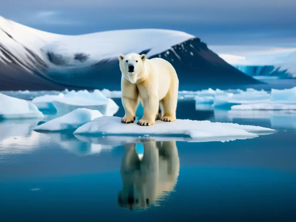 Imponente oso polar en témpano de hielo derretido, representa el impacto del deshielo en ecosistemas árticos