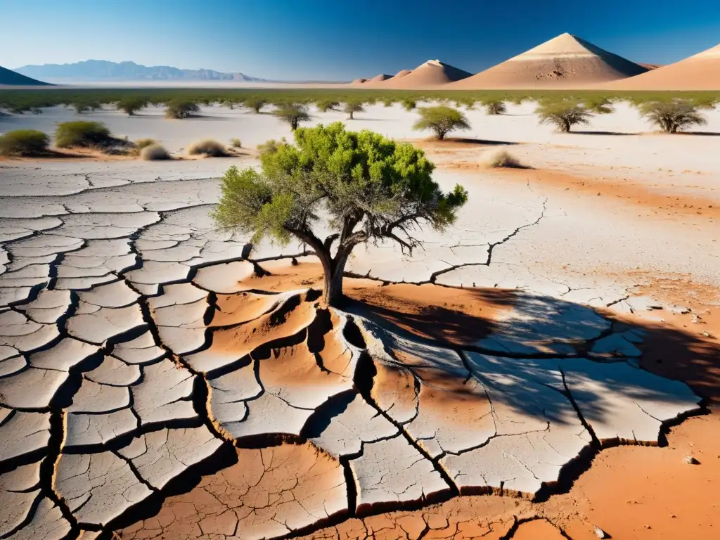 Imponente paisaje árido con tierra agrietada, arbustos dispersos y cielo azul