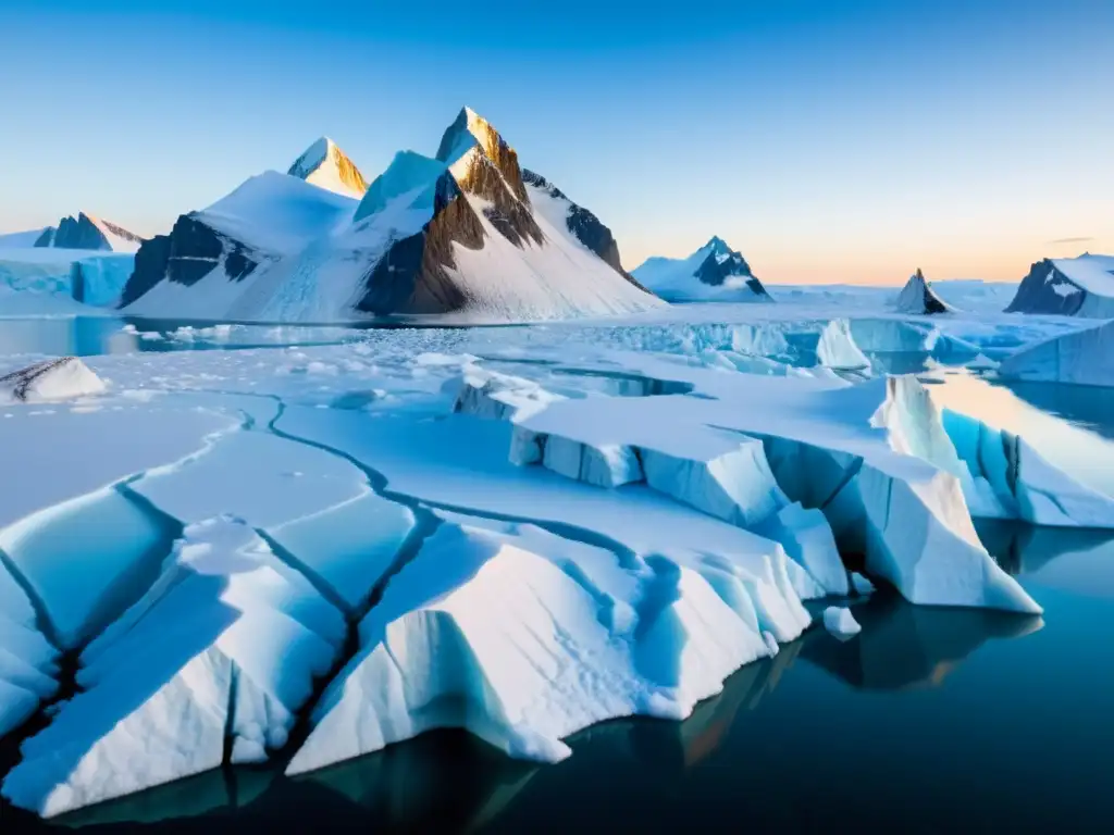 Imponente paisaje ártico con efectos de la fusión de hielos, glaciares y formaciones de hielo azul bajo un cielo despejado y brillante