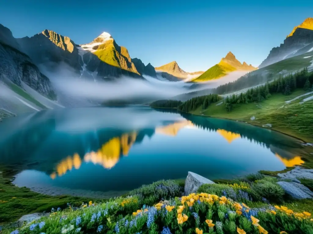 Imponente paisaje de montaña con lago alpino y especies endémicas