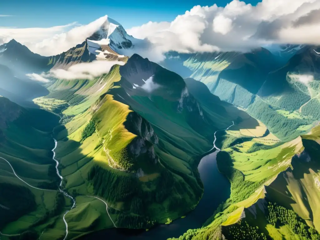 Imponente paisaje de montañas nevadas, ríos y vegetación