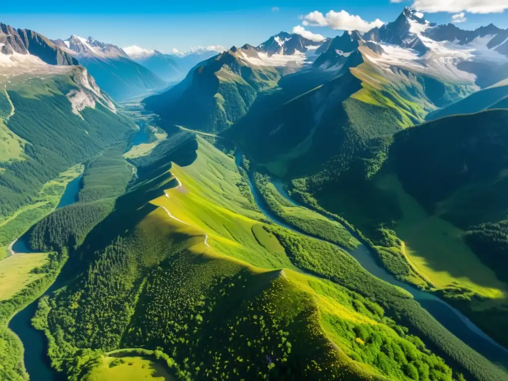 Imponente paisaje de montañas nevadas, ríos y flora silvestre