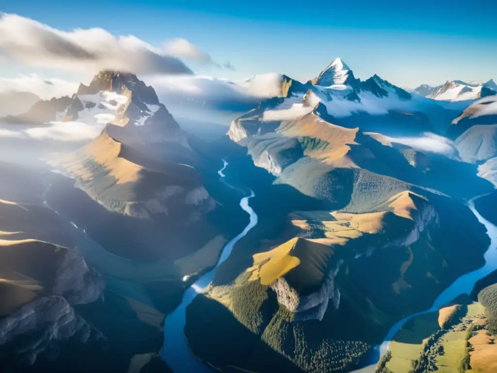 Imponente paisaje montañoso con picos nevados, valles profundos y ríos serpenteantes