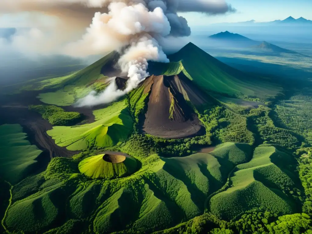 Imponente paisaje montañoso con volcán activo y exuberante vegetación