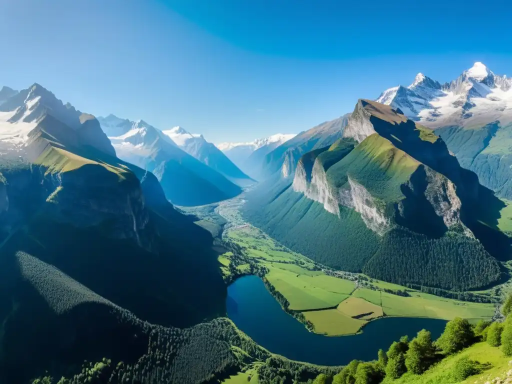 Imponente panorama de montañas nevadas, río serpenteante y naturaleza exuberante