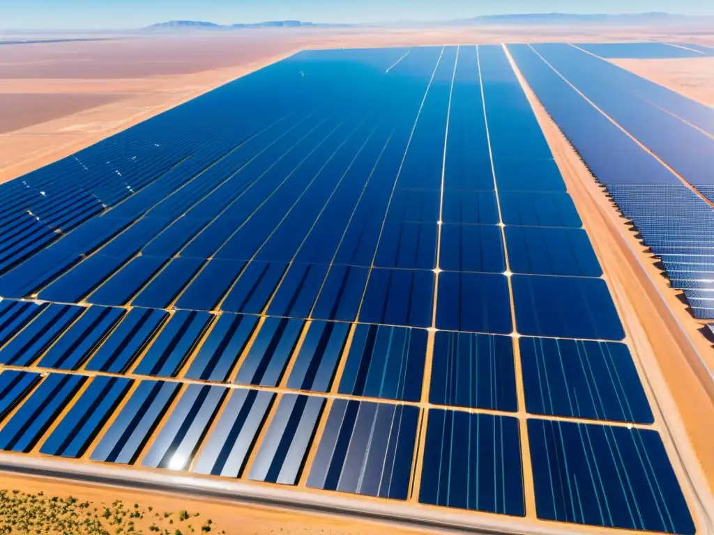 Un imponente parque solar en el desierto con paneles relucientes, eólicas al fondo y un cielo azul claro