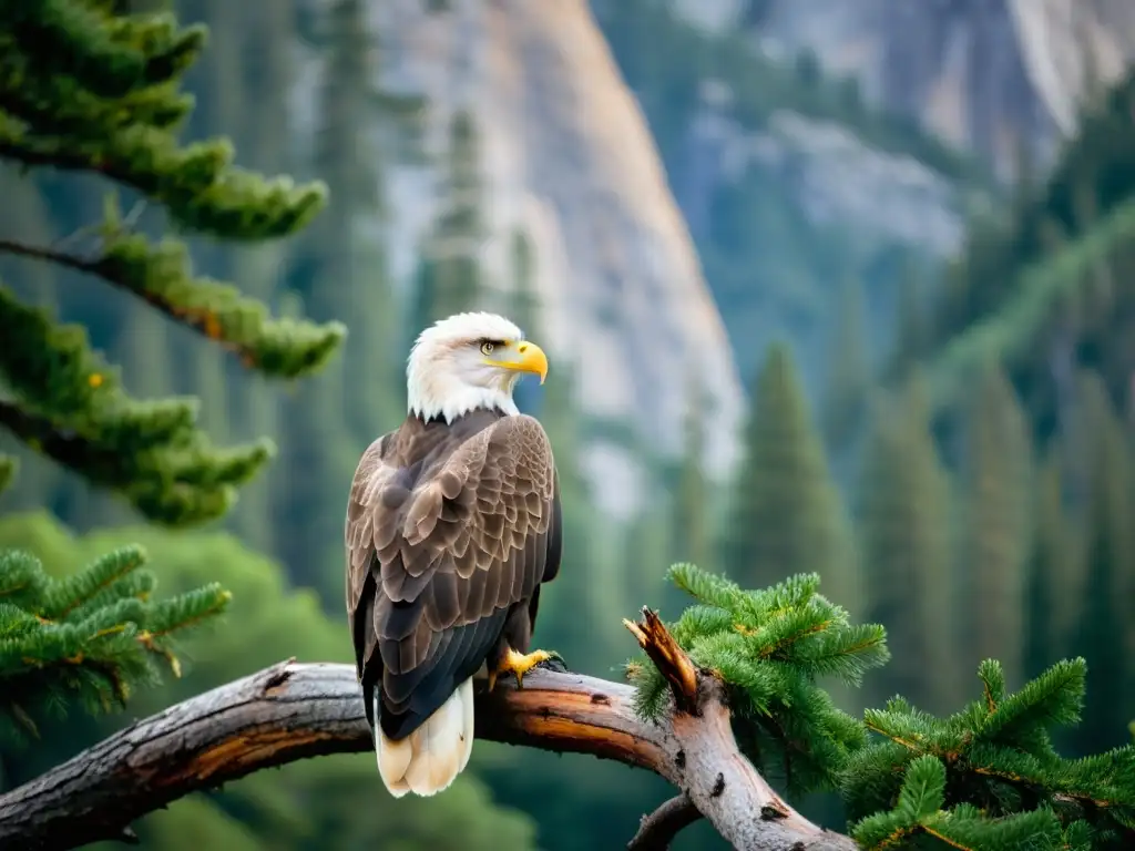 Imponente águila calva en rama, con ojos penetrantes, en el Parque Nacional Yosemite