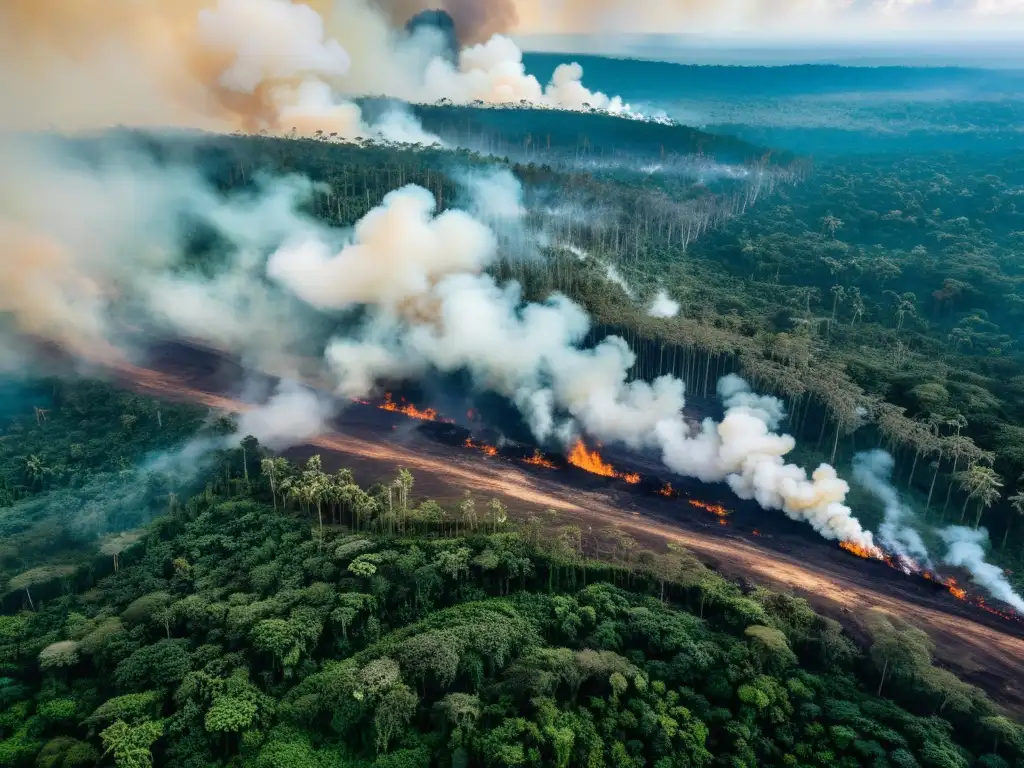 Imponente deforestación en una selva con fuego y maquinaria, destaca la urgencia de Fuerza Legal en Acuerdos Internacionales Cambio Climático