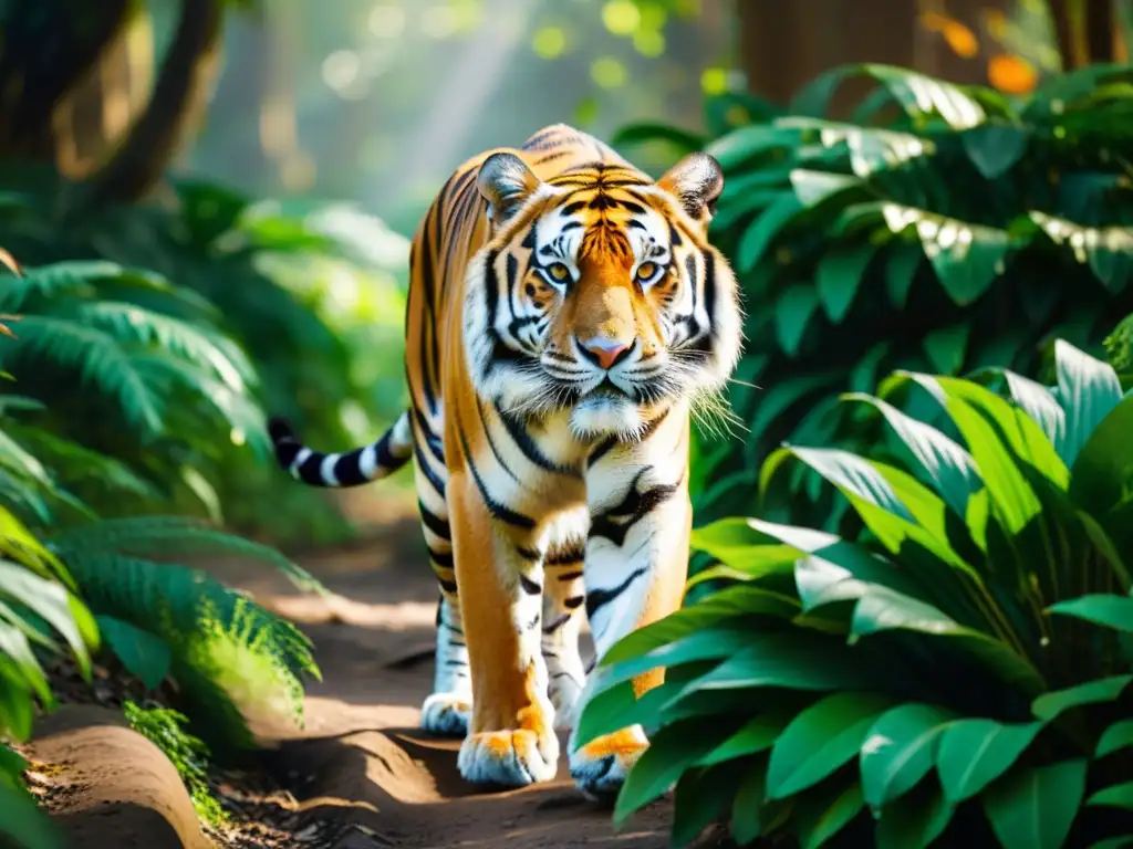 Imponente tigre de Bengala en la exuberante selva, resalta su majestuosa mirada