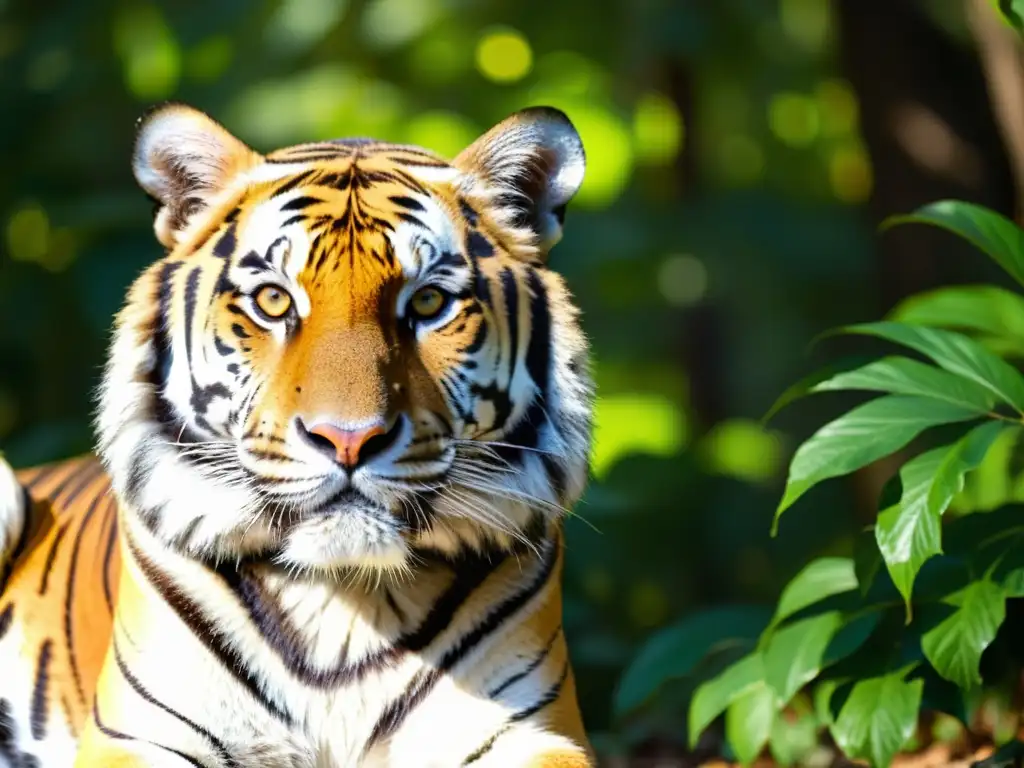 Imponente tigre de Bengala en peligro caza en la selva, con ojos ámbar y pelaje rayado iluminado por la luz dorada