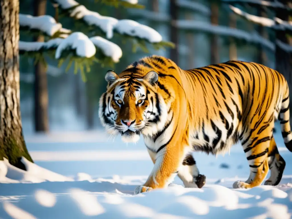 Imponente tigre siberiano acechando en la taiga nevada