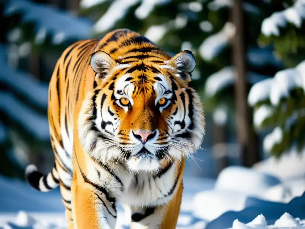 Imponente tigre siberiano caminando en la taiga boreal nevada, representando la flora y fauna de la taiga boreal con su mirada ámbar penetrante