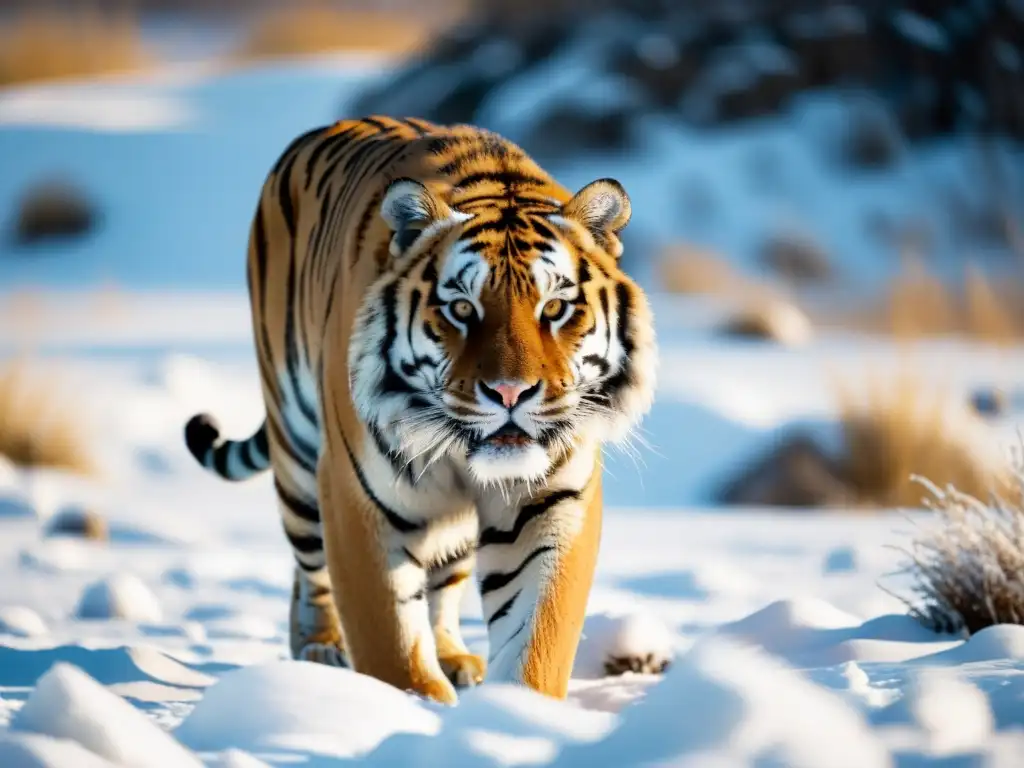 Imponente tigre siberiano en la tundra nevada, evocando la observación de fauna en Siberia tundra con su presencia majestuosa y poderosa