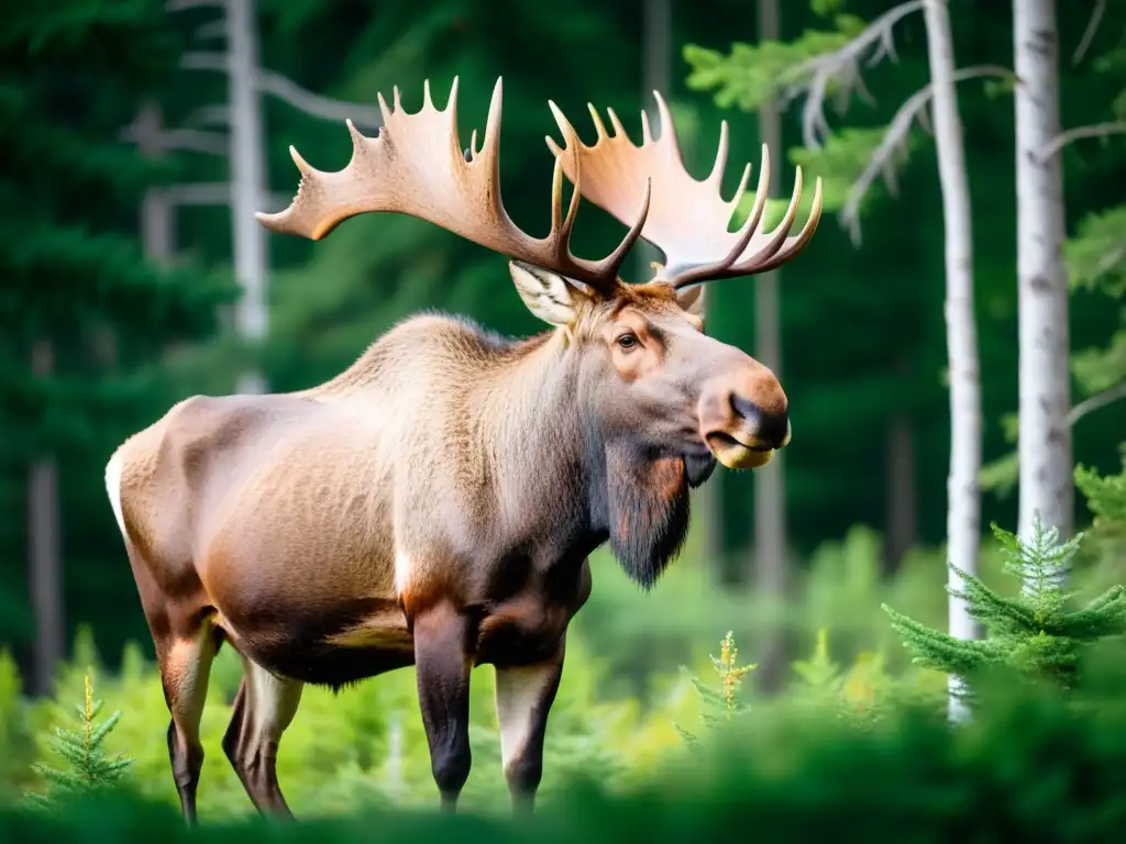 Imponente toro alce en la taiga, iluminado por el sol entre árboles verdes