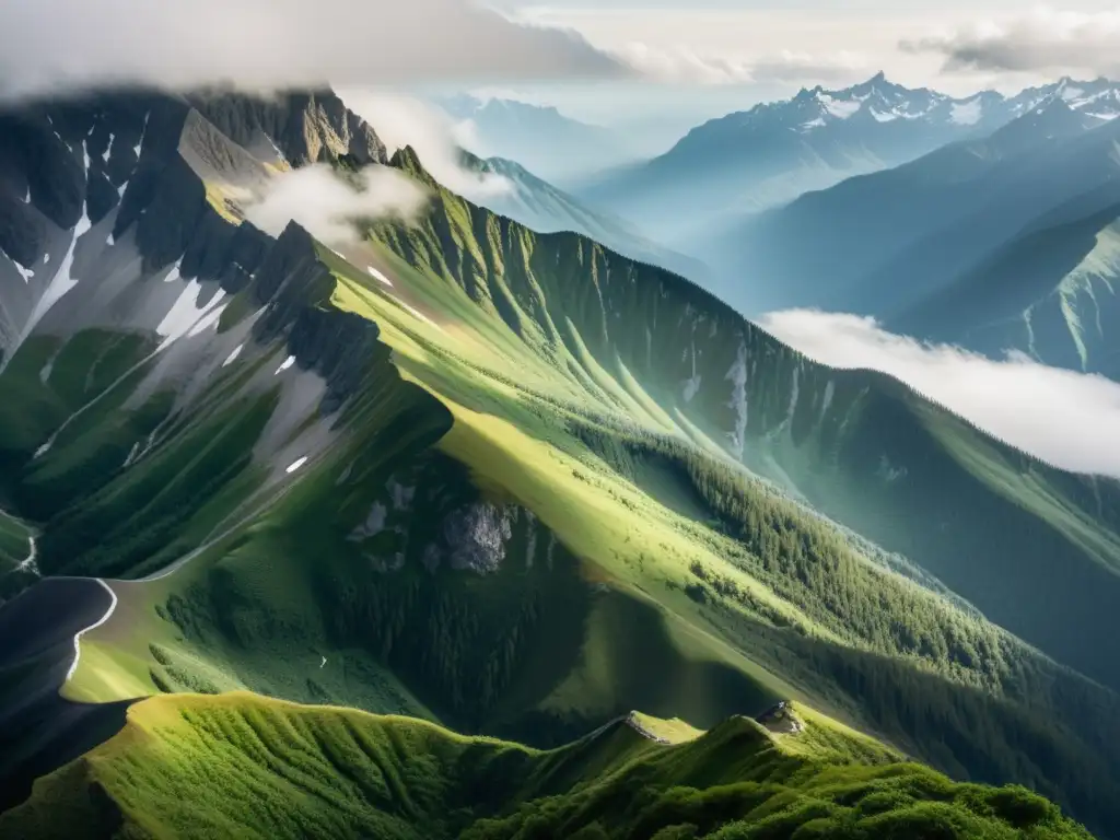 Imponente vista de montañas envueltas en niebla, evocando conciencia ambiental en zonas montaña