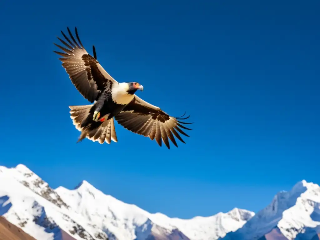 Imponentes cóndores sobrevolando las cumbres nevadas de los Andes, destacando la grandiosidad de las aves que anidan en estas montañas estratégicas