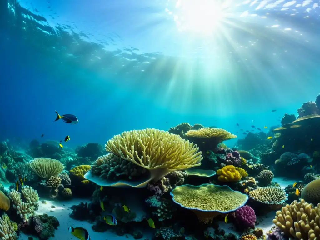 La importancia de las formaciones coralinas en el ecosistema marino: un arrecife vibrante lleno de vida y color, bañado por aguas cristalinas