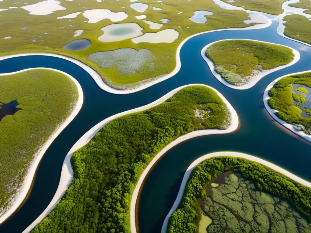 Importancia de los humedales árticos en el ciclo del agua: paisaje tundra con red de agua, vida silvestre y transición estacional