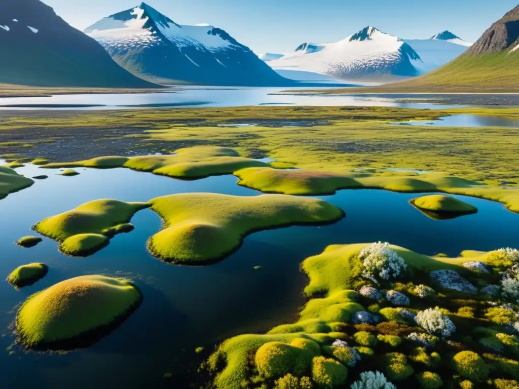 Importancia de los humedales árticos en el ciclo del agua: paisaje sereno con agua tranquila, montañas nevadas y diversa vegetación