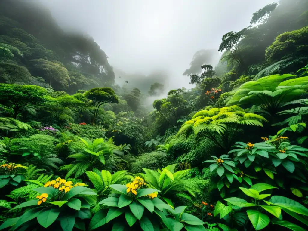 Importancia de los polinizadores en los bosques nublados: exuberante vegetación, vida silvestre y atmósfera mística envuelta en niebla