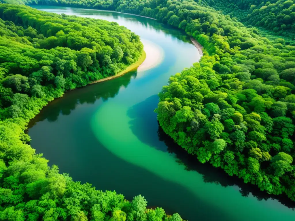 La importancia de los ríos para las comunidades humanas se refleja en esta imagen de un río serpenteante a través de un exuberante bosque verde