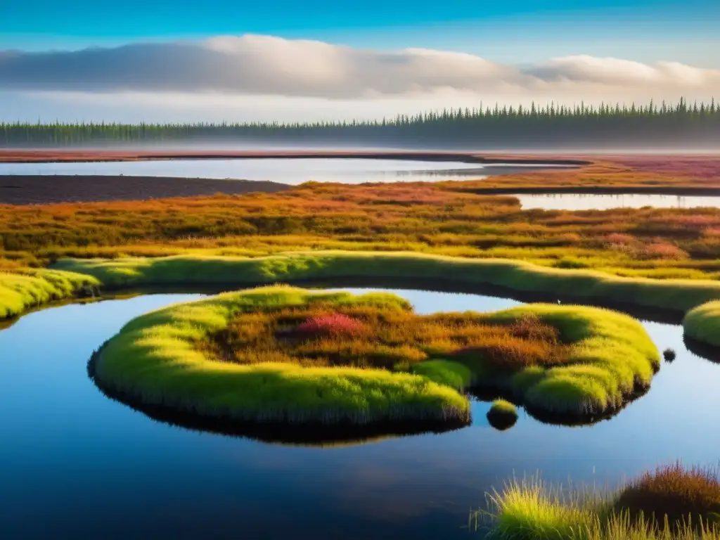 Importancia de preservar turberas únicas: Paisaje sereno y natural de una turbera única, con flora colorida y agua reflejando el cielo