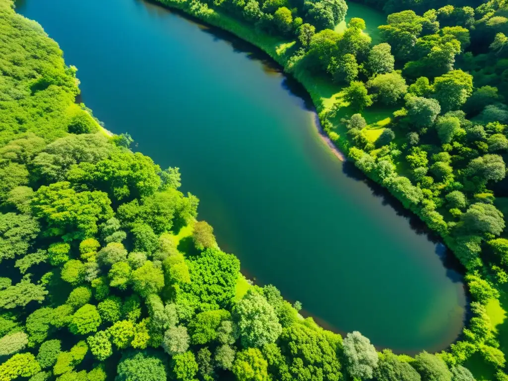 Importante río serpenteando a través de exuberante paisaje, reflejando vitalidad y dispersión de especies en su entorno natural