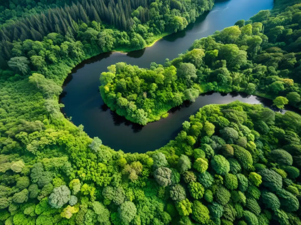 Una impresionante fotografía aérea de un ecosistema diverso y vibrante, resaltando la belleza natural