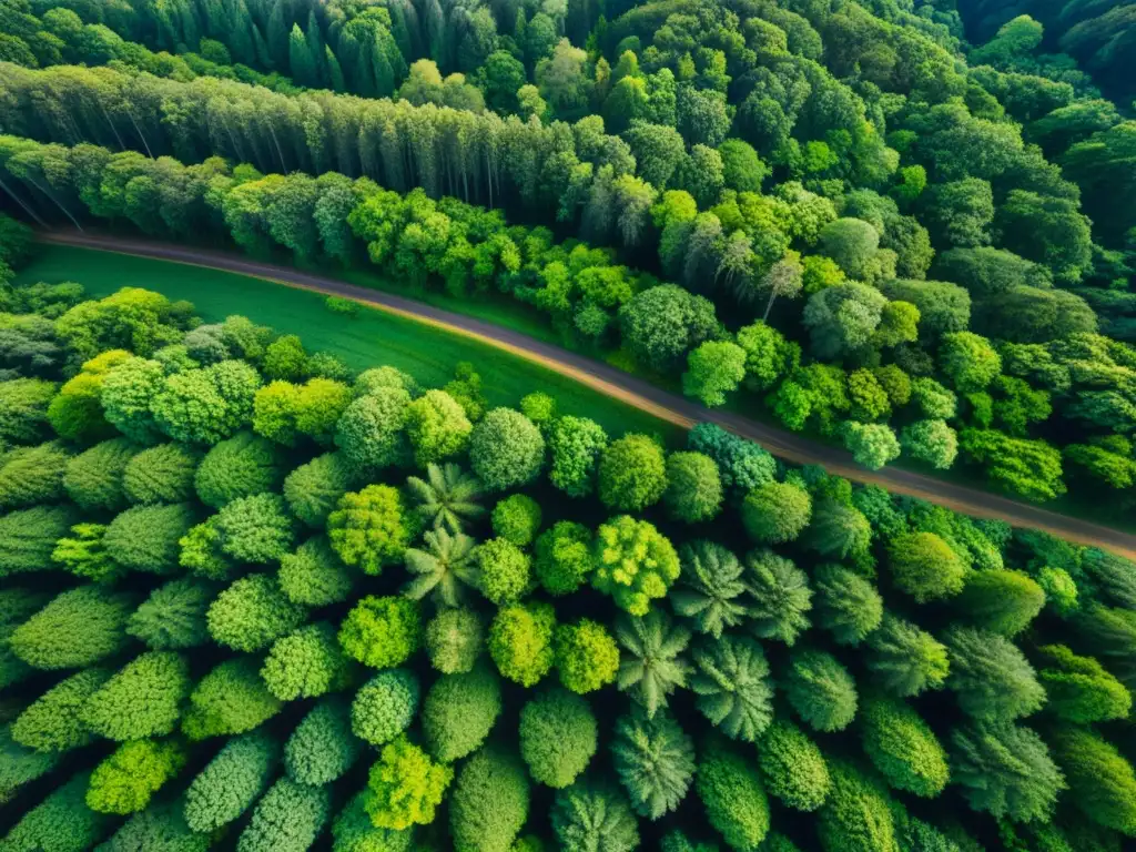 Una impresionante fotografía aérea de un exuberante y expansivo bosque capturada desde la perspectiva de un dron