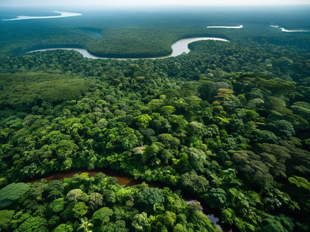 Una impresionante fotografía aérea de alta resolución de la exuberante selva amazónica, mostrando la red interconectada del ciclo de nutrientes y la diversa flora y fauna